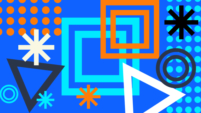 Abstract graphic of stars and geometrical shapes on blue background