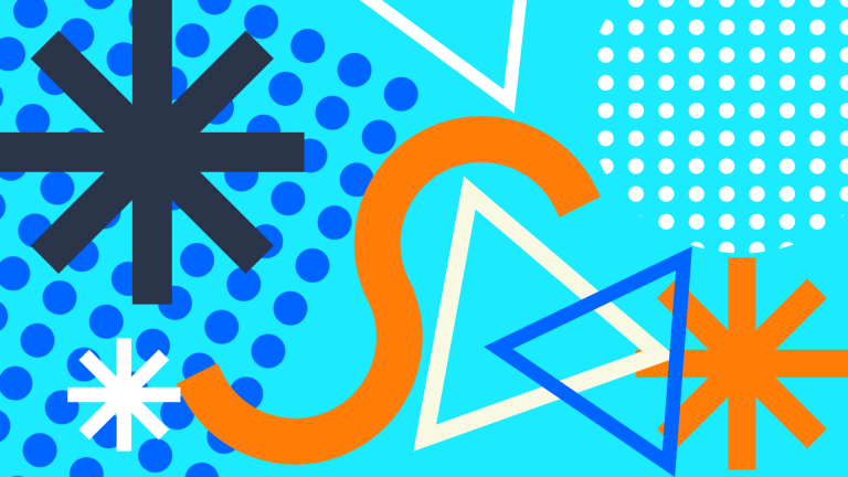 Abstract graphic of stars, triangles and dots on light blue background