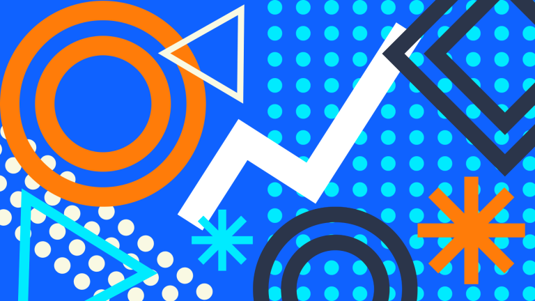 Abstract graphic of circles, stars and other shapes on blue background