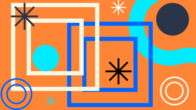 Abstract graphic of stars, circles and squares on orange background