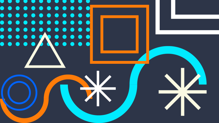 Abstract graphic of stars, shapes and lines on dark blue background