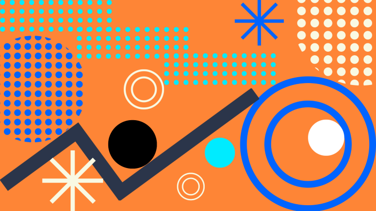 Abstract image of dots, lines, and stars on orange background