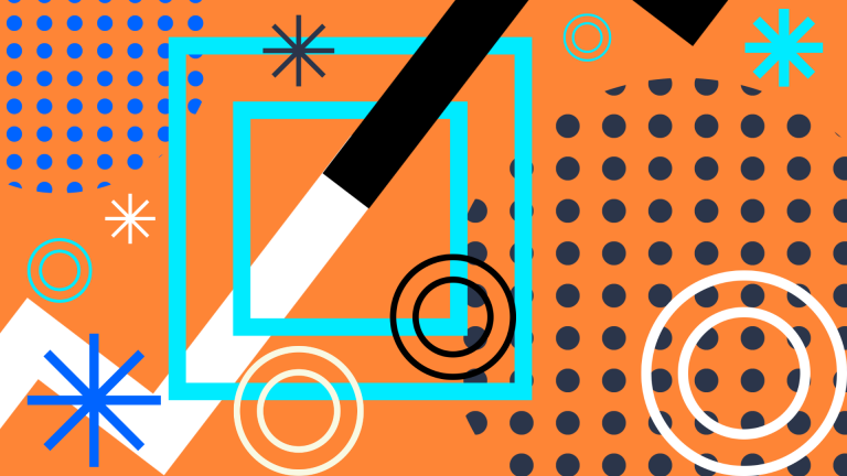 Abstract graphic of geometrical shapes and stars on orange background