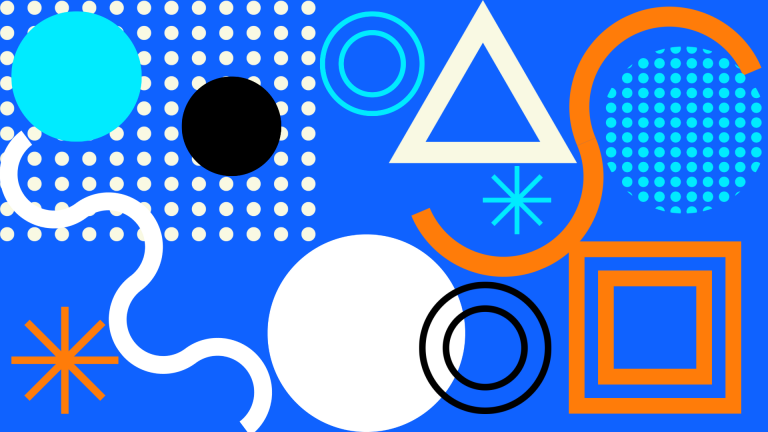 Abstract graphic of geometrical shapes and lines on blue background