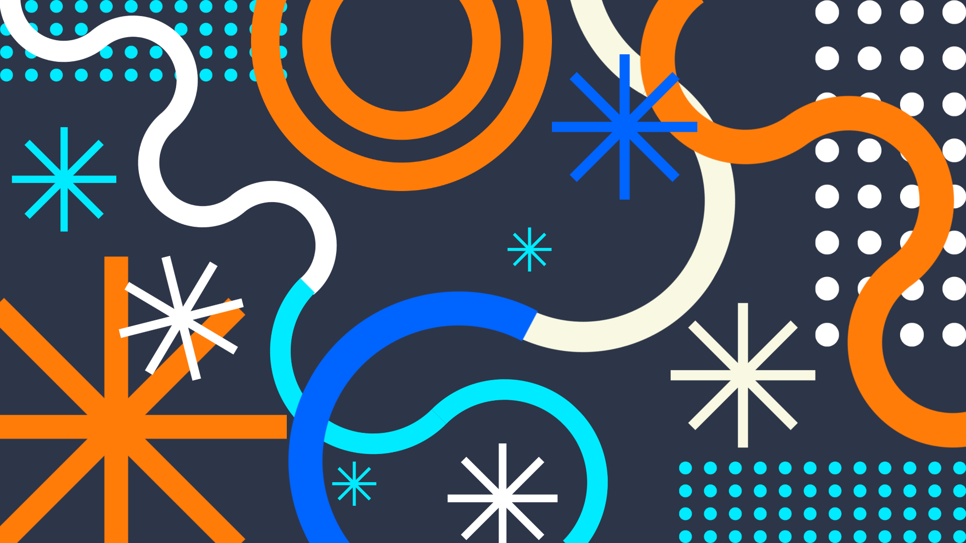 Abstract graphic of stars, dots, and lines on dark blue background