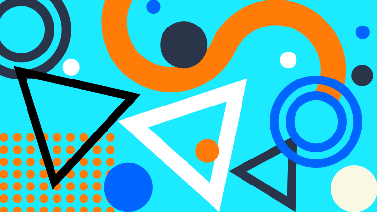 Abstract graphic of lines, circles, and triangles on light blue background