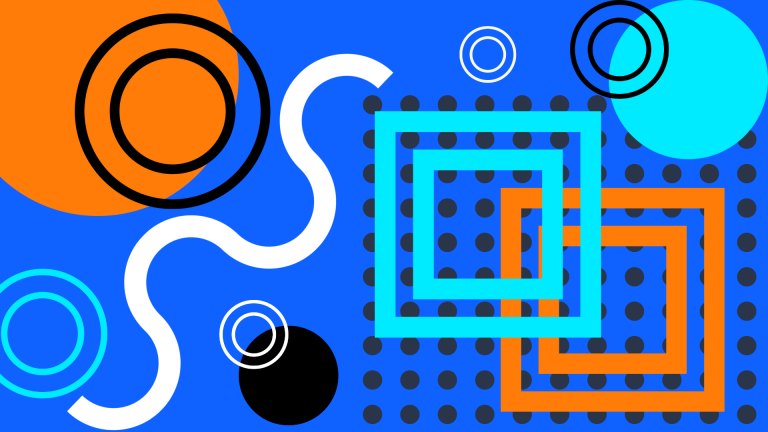 Abstract graphic of circles and squares on blue background