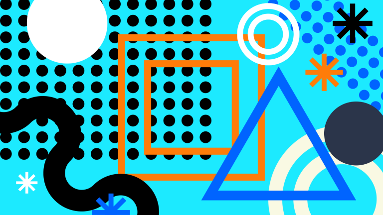 Geometrical shapes, stars, and lines on light blue background