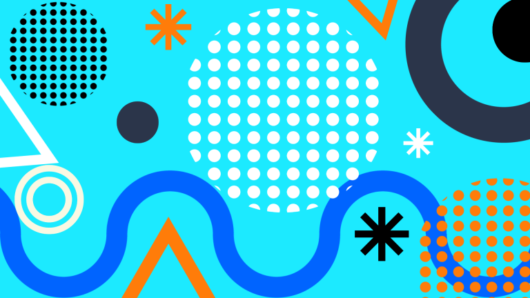 Dots, stars, and shapes on light blue background