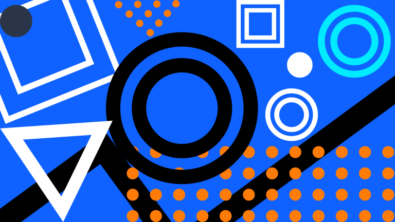 Circles, squares, and triangles on blue background