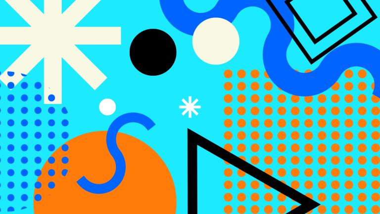 Geometrical shapes, curves, and stars on light blue background