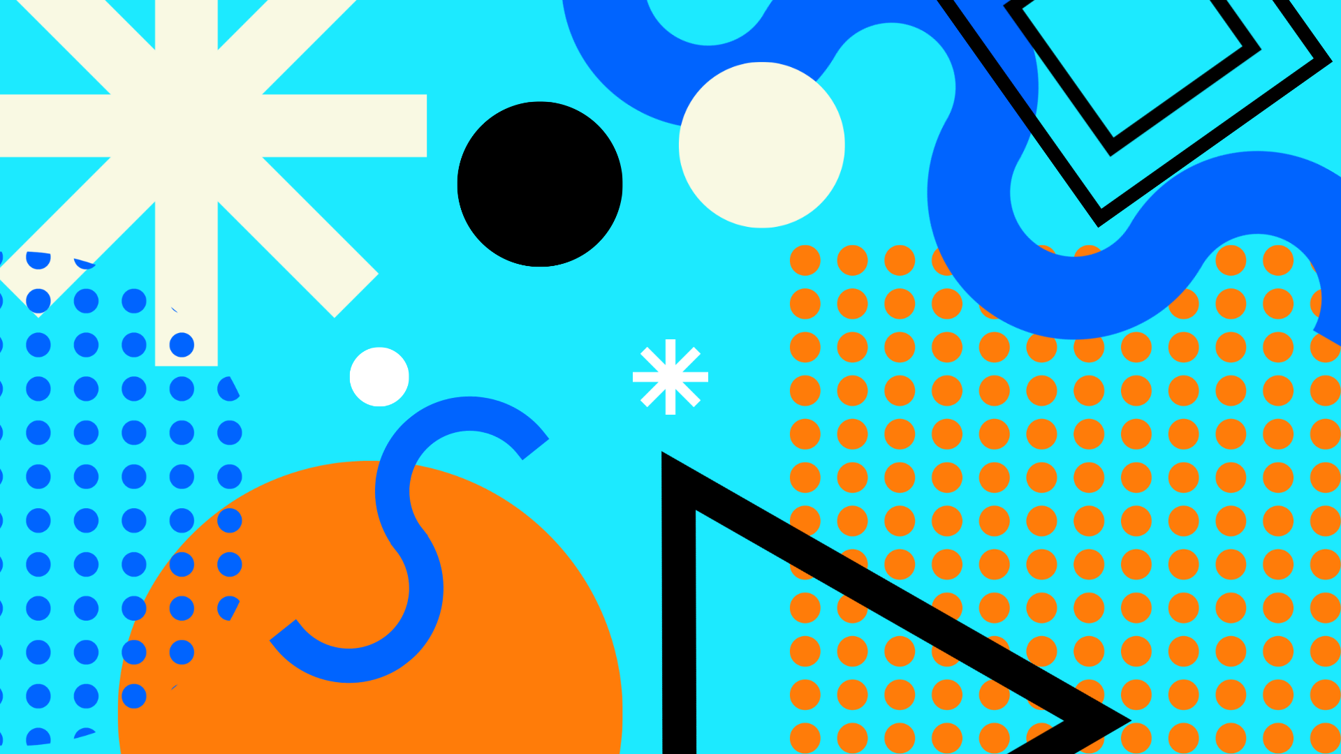 Geometrical shapes, curves, and stars on light blue background