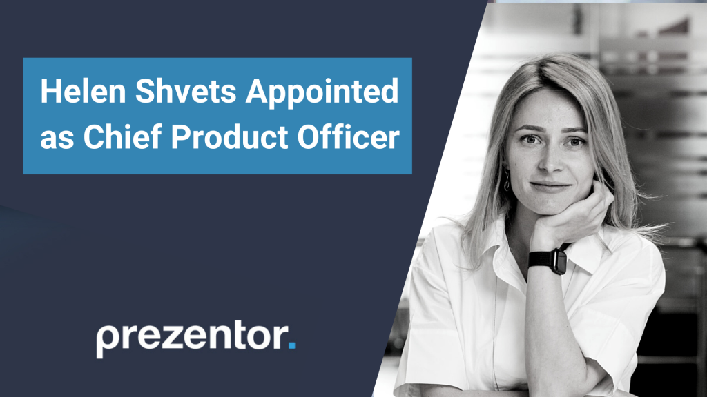 Photograph of Chief Product Officer Helen Shvets in black and white and the title of the press release
