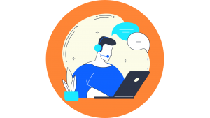 Illustration: male figure with headset and laptop engaged in online conversation
