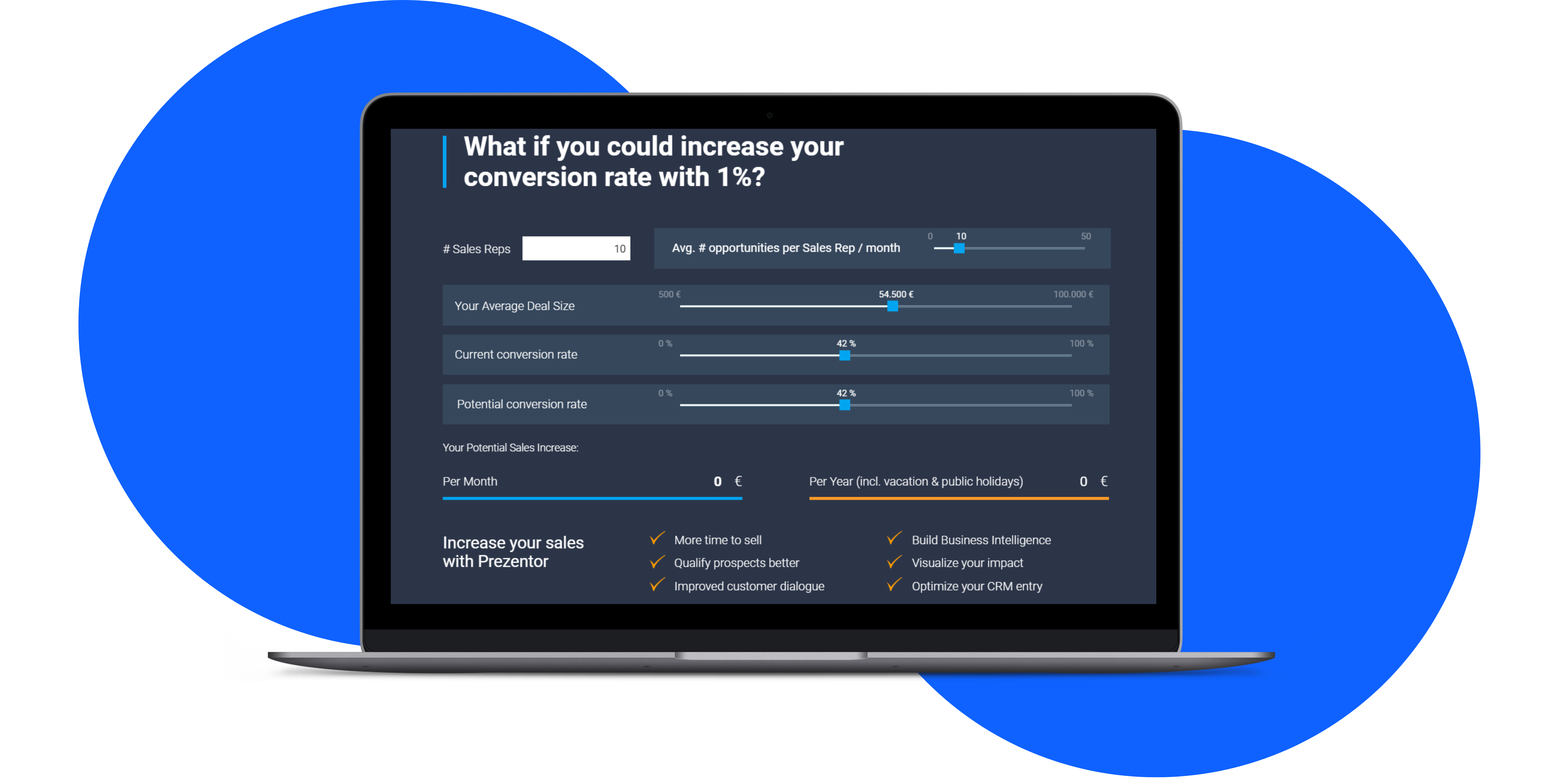Laptop showing Prezentor Impact dynamic ROI calculators