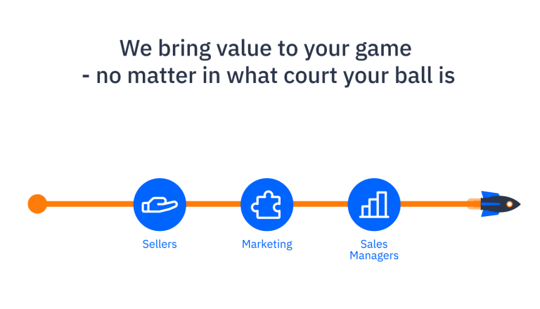 Illustration of a line that turns into a rocket connecting three teams sales, marketing and sales managers