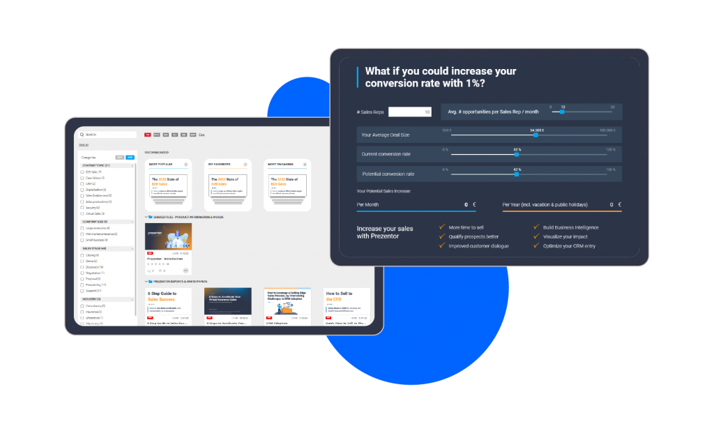 Two tablets showing the Prezentor solutions content hub and ROI calculators