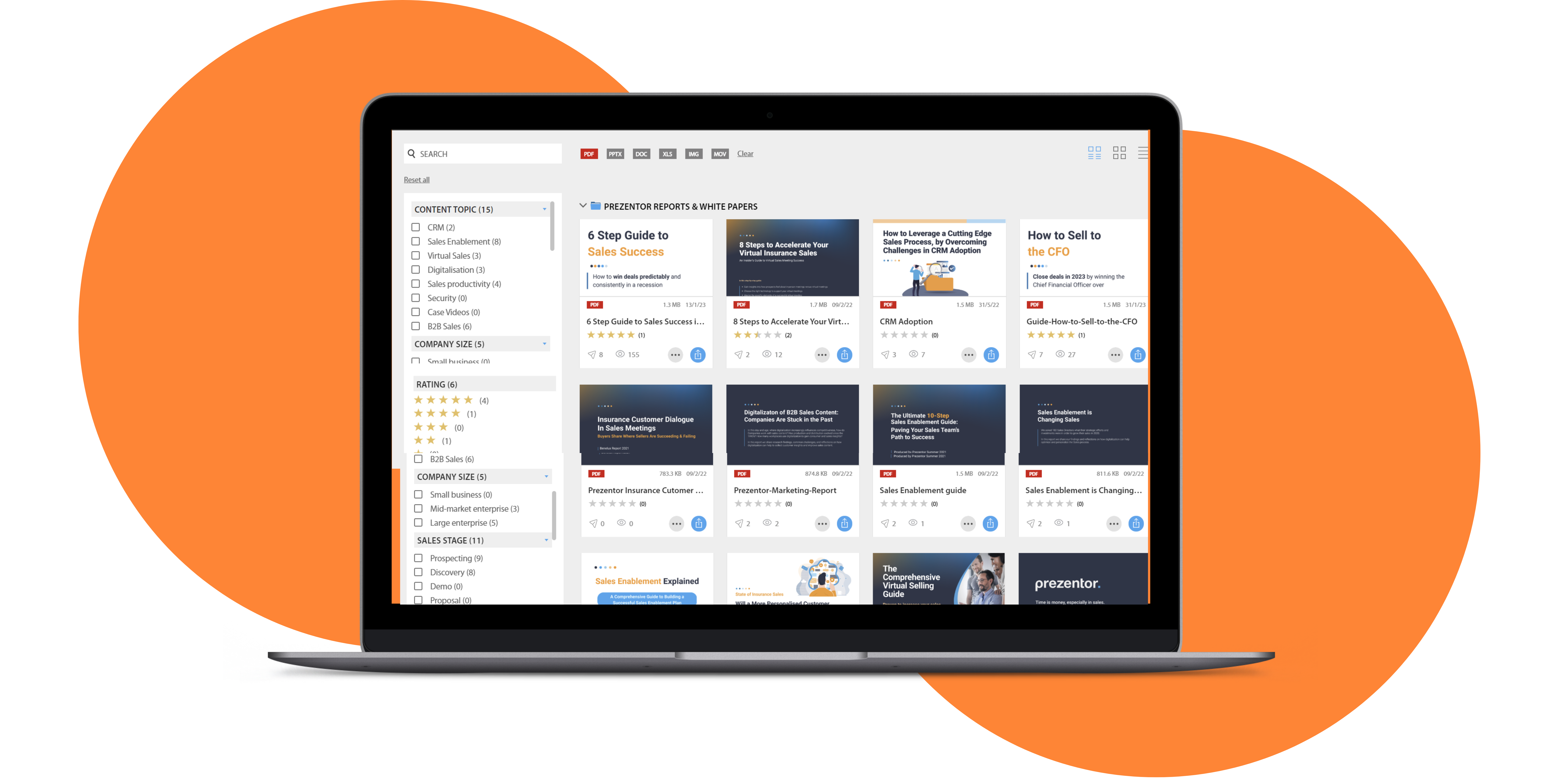 Mockup of a laptop with the Prezentor sales content management solution open on the screen