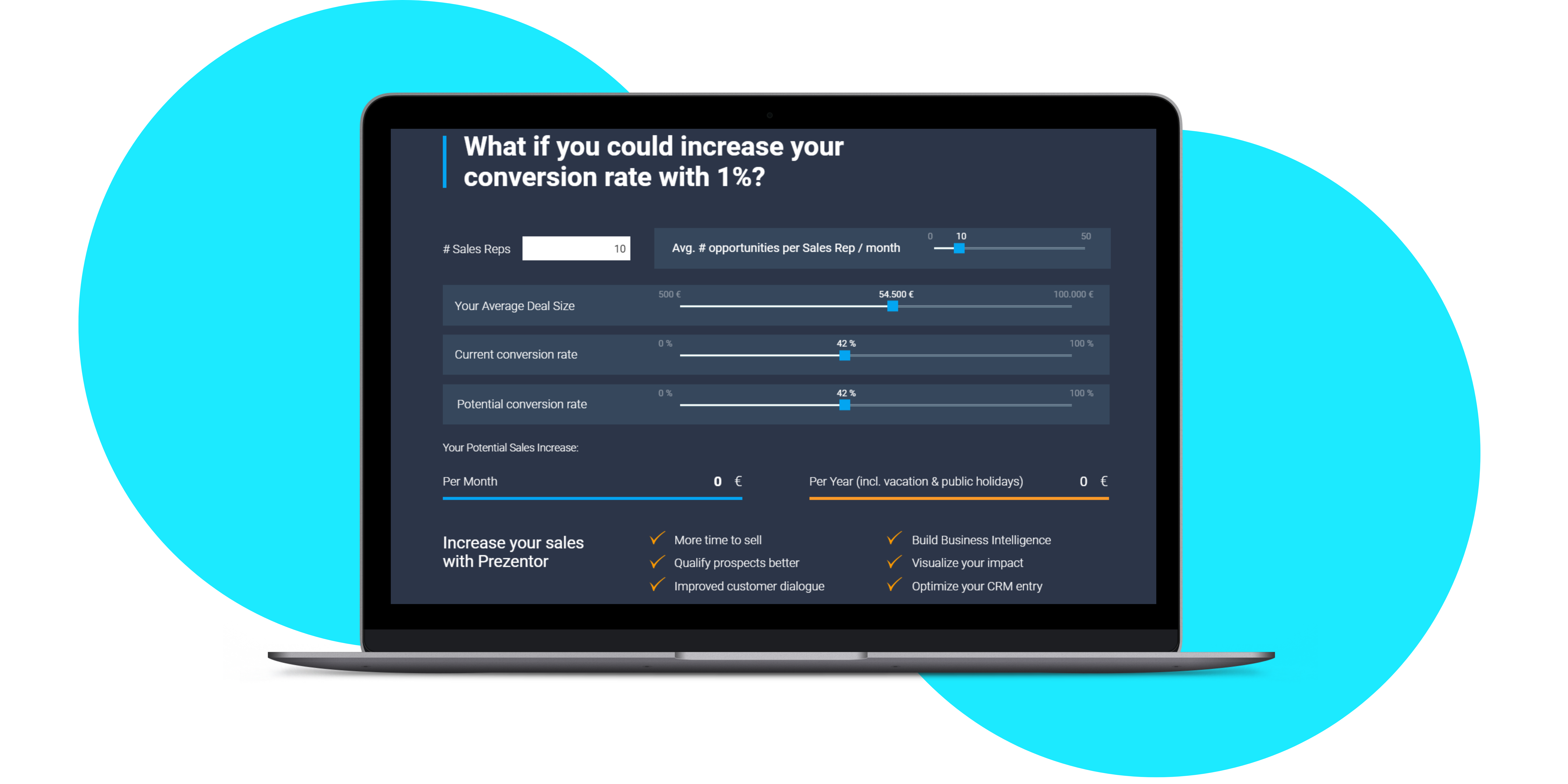 Mockup of a laptop with Prezentor Impact ROI calculators open