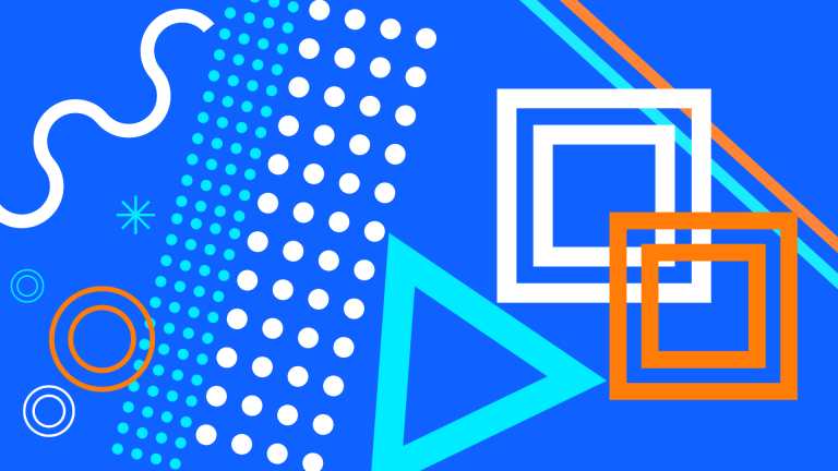 Abstract graphic of circles, dots, triangles, and lines on a blue background