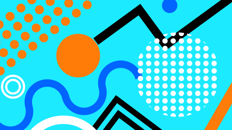 Abstract graphic of circles, dots, triangles, and lines on a light blue background