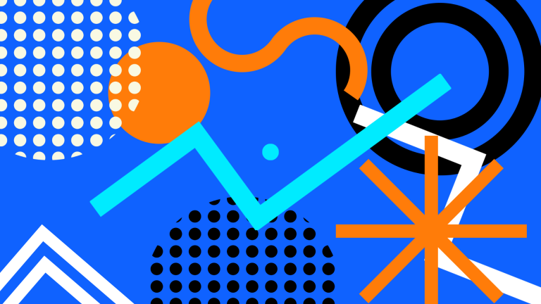 Abstract graphic of circles, dots, triangles, and lines on a blue background