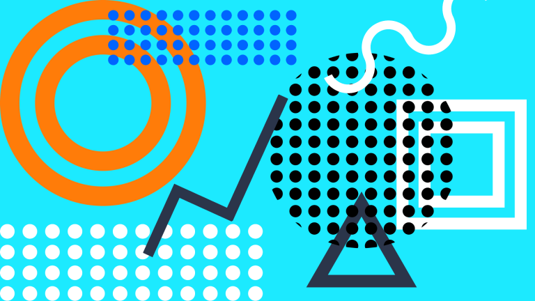 Abstract graphic of circles, dots, triangles, and lines on a light blue background