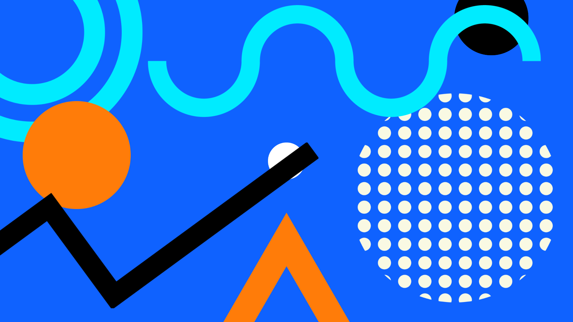 Abstract graphic of circles, dots, triangles, and lines on a blue background