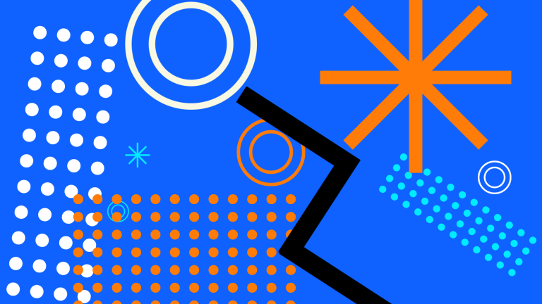 Abstract graphic of circles, dots, triangles, and lines on a blue background