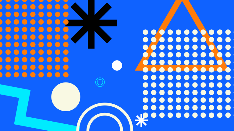 Abstract graphic of circles, dots, triangles, and lines on a blue background