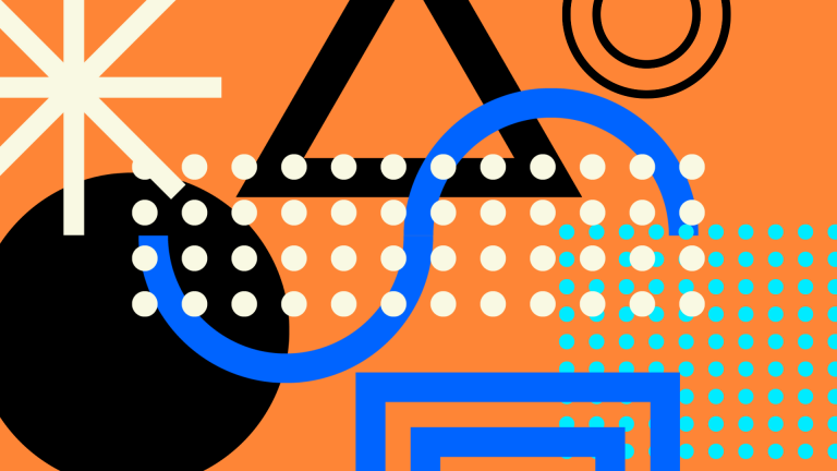 Abstract graphic of circles, dots, triangles, and lines on an orange background
