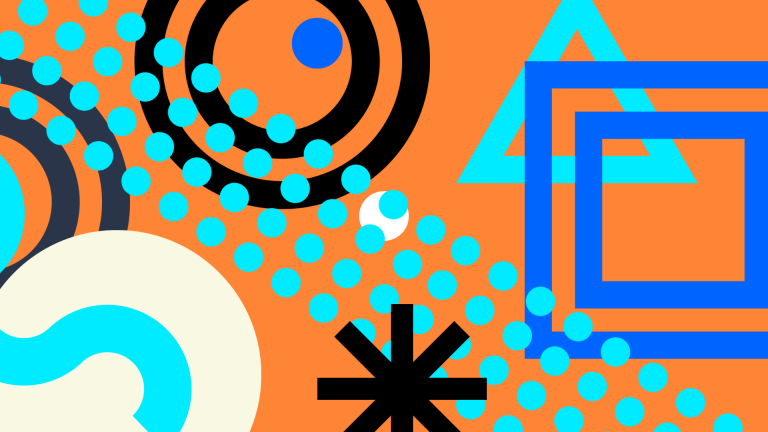 Abstract graphic of circles, dots, triangles, and lines on an orange background