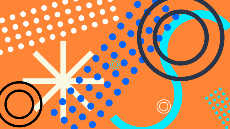 Abstract graphic of circles, dots, triangles, and lines on an orange background