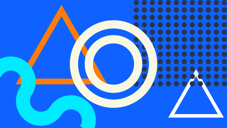 Abstract graphic of circles, dots, triangles, and lines on a blue background