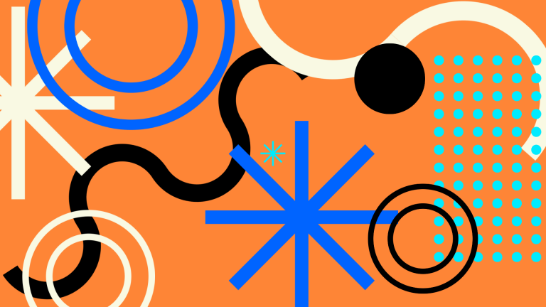 Abstract graphic of circles, dots, triangles, and lines on an orange background