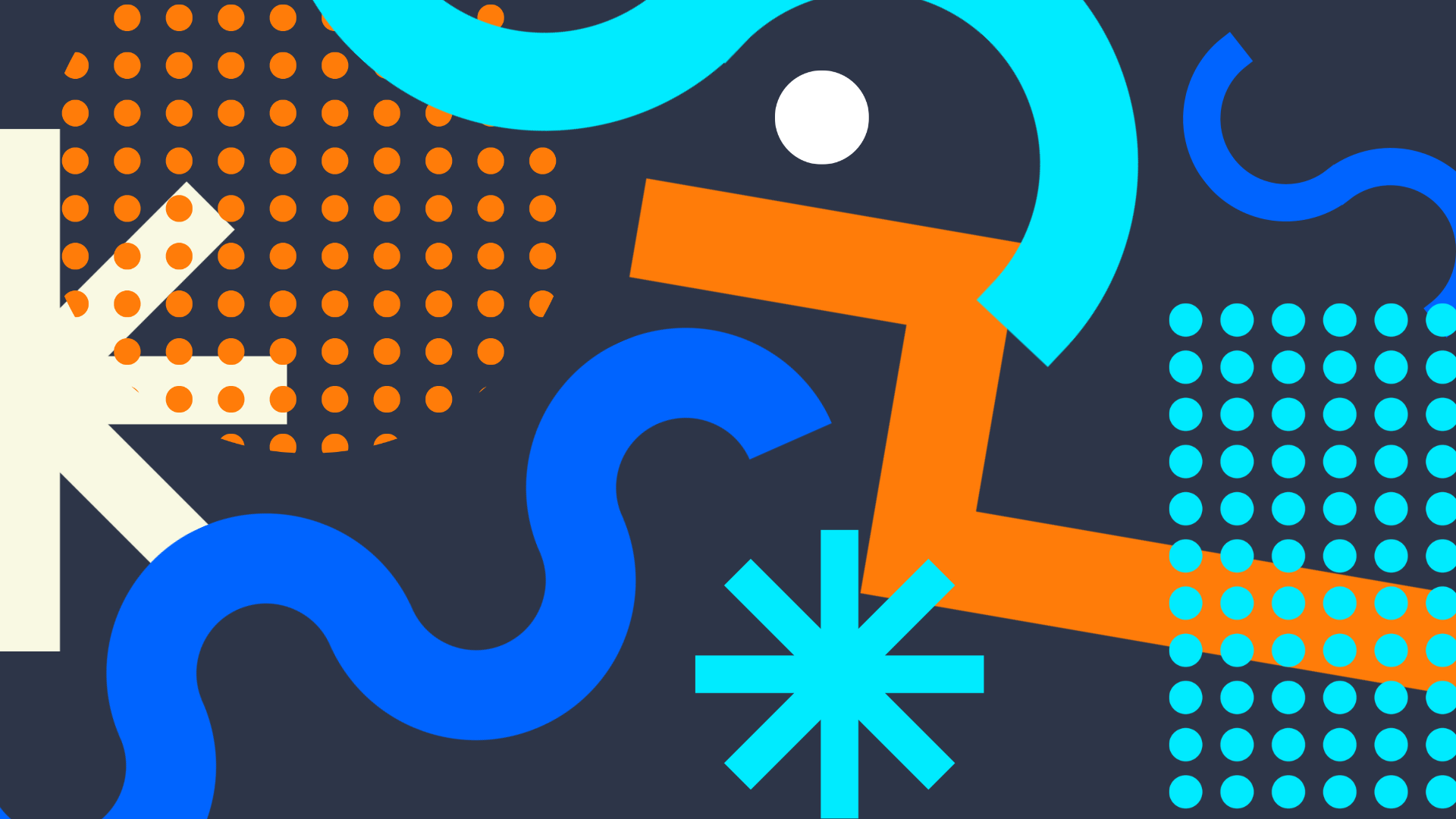 Abstract graphic of circles, dots, triangles, and lines on a dark blue background