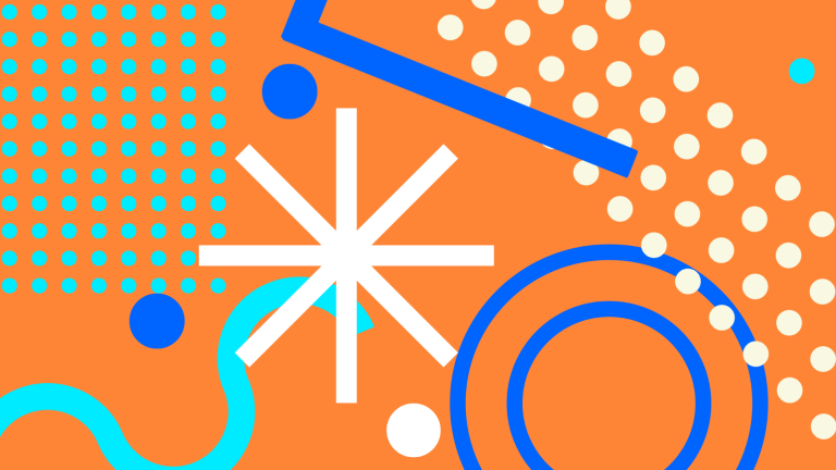 Abstract graphic of circles, dots, triangles, and lines on an orange background