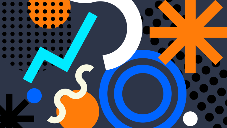 Abstract graphic of circles, dots, triangles, and lines on a dark blue background