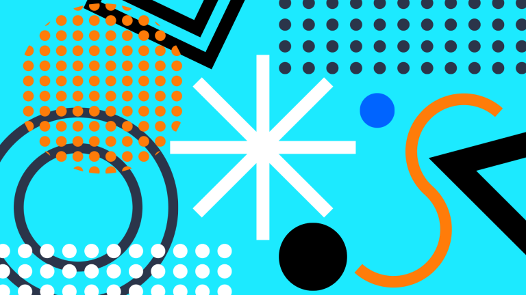 Abstract graphic of circles, dots, triangles, and lines on a light blue background