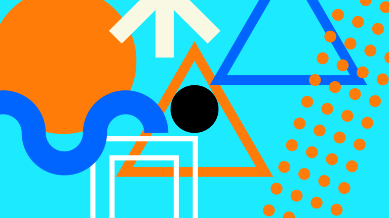 Abstract graphic of circles, dots, triangles, and lines on a light blue background