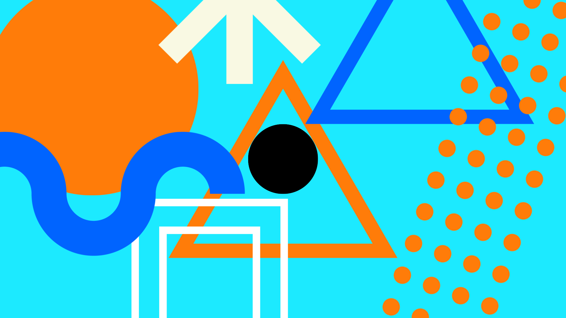 Abstract graphic of circles, dots, triangles, and lines on a light blue background