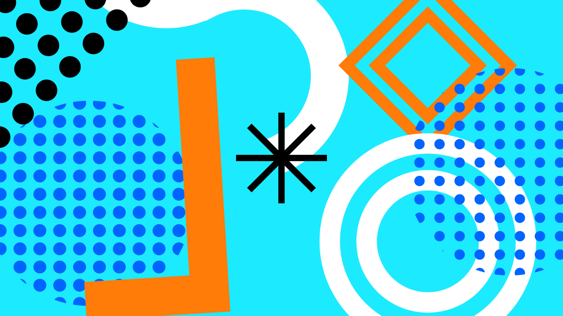 Abstract graphic of circles, dots, triangles, and lines on a light blue background