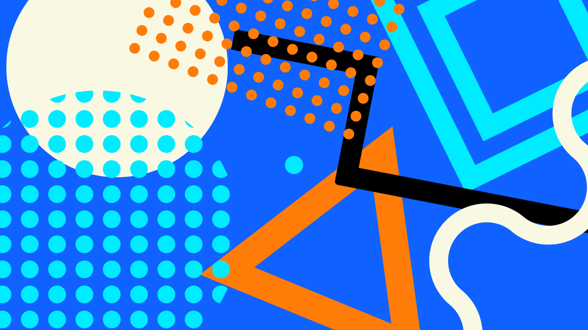 Abstract graphic of circles, dots, triangles, and lines on a blue background