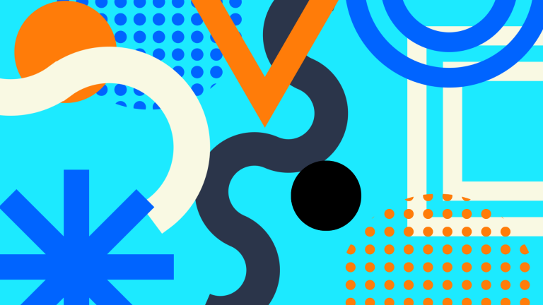 Abstract graphic of circles, dots, triangles, and lines on a light blue background