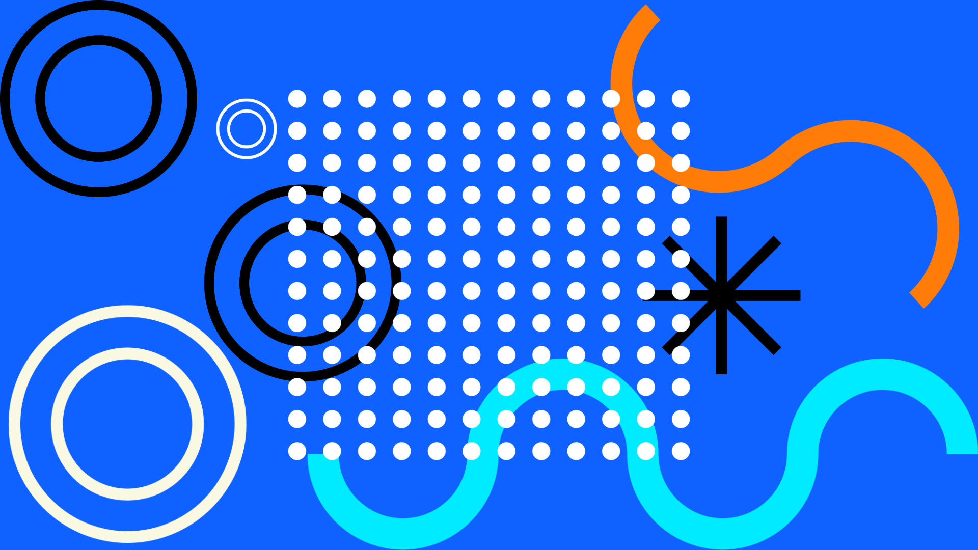 Abstract graphic of circles, dots, triangles, and lines on a blue background