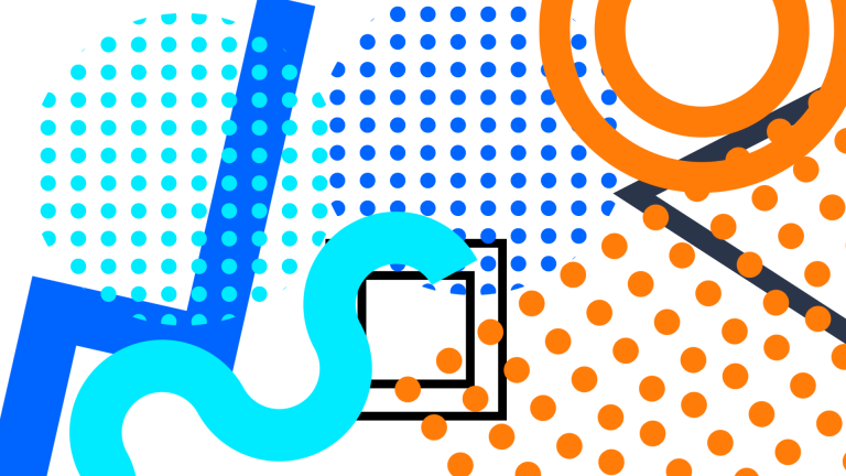 Abstract graphic of circles, dots, triangles, and lines on a white background