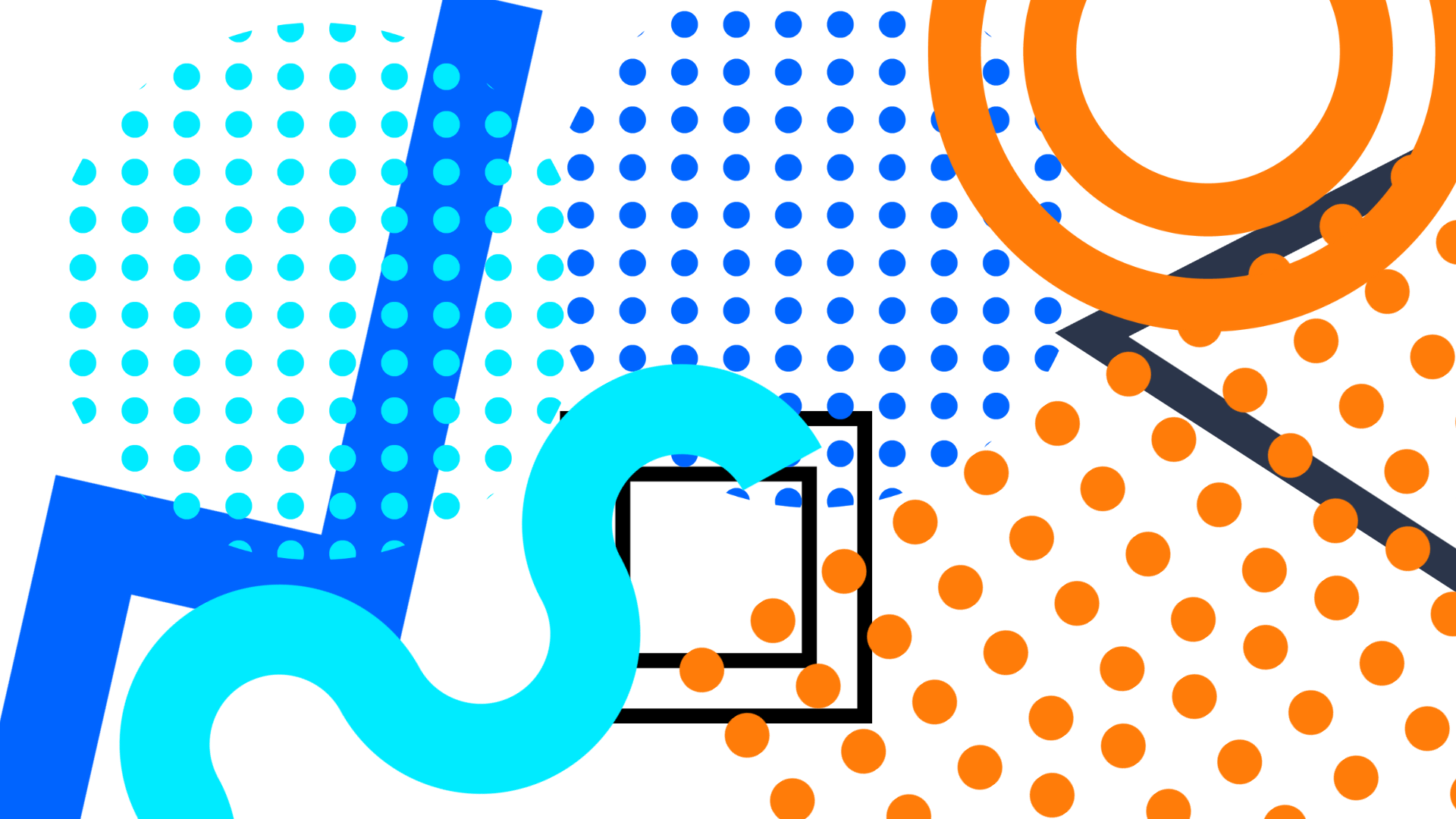 Abstract graphic of circles, dots, triangles, and lines on a white background