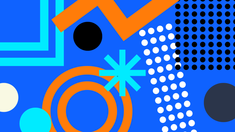 Abstract graphic of circles, dots, triangles, and lines on a blue background