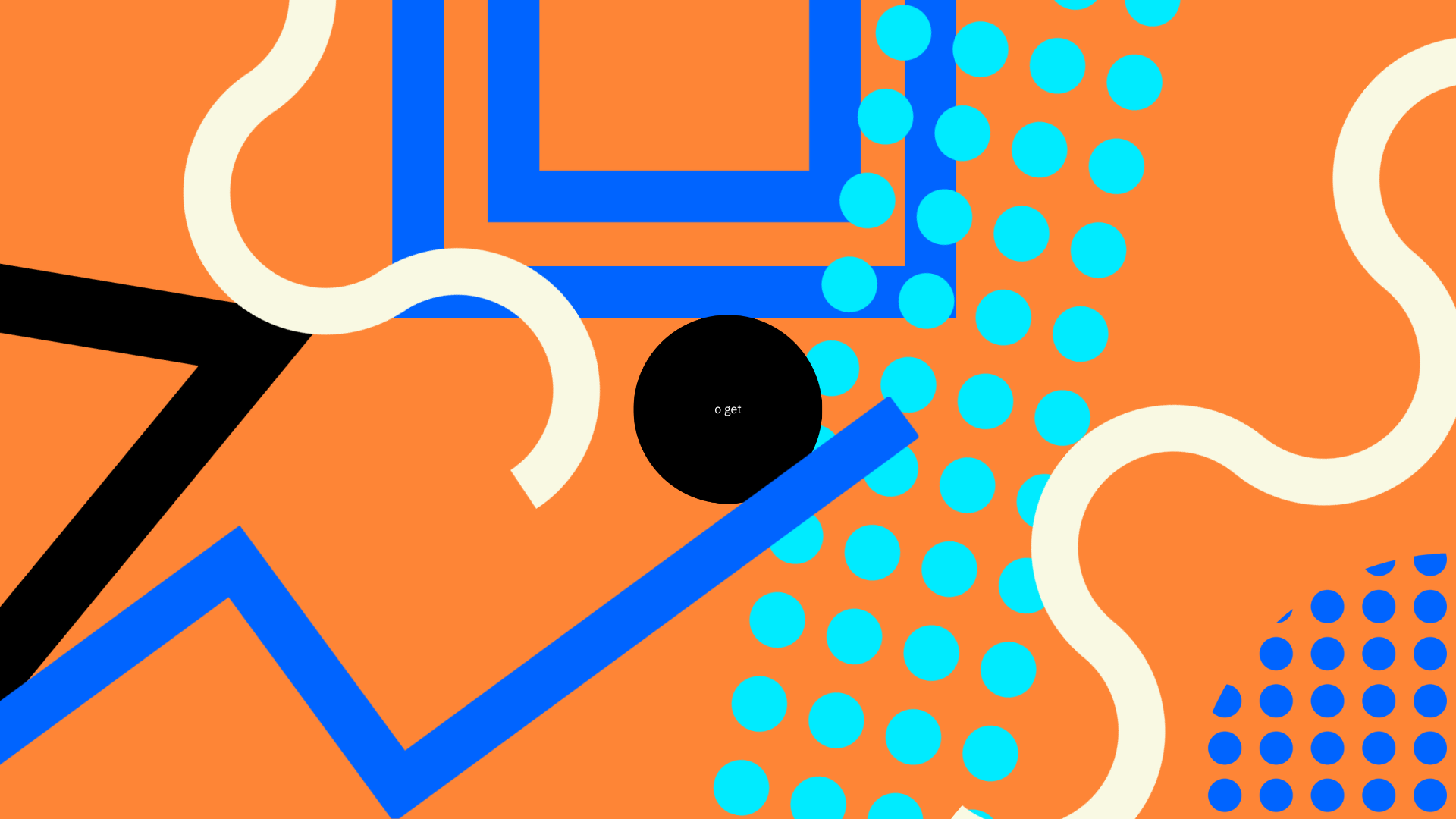 Abstract graphic of circles, dots, triangles, and lines on an orange background