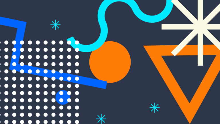 Abstract graphic of circles, dots, triangles, and lines on a dark blue background